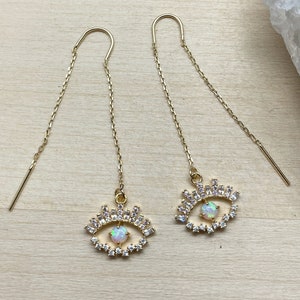 opal evil eye threaders, threader earrings, gold threaders, dangle earrings, gift, gift for her, evil eye jewelry, gold earrings, summer