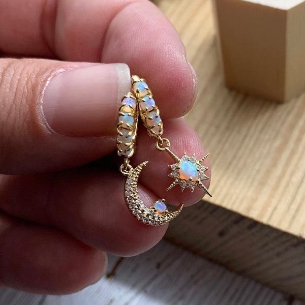 opal moon and star earrings, gold earrings, celestial, small hoops, gold huggies, opal earrings, opal jewelry, opal huggie, opal birthstone