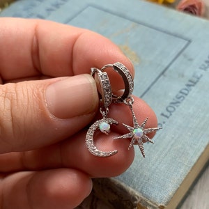 moon and star huggie earrings / huggie earrings // silver earrings // sterling silver // opal jewelry