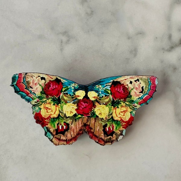 pin, brooch, jewelry, wood pin, gift, holiday, christmas, stocking stuffer, butterfly, butterfly pin, butterfly brooch, floral butterfly pin