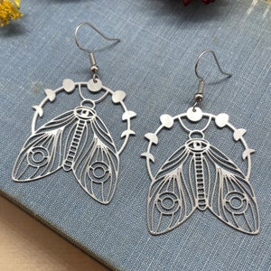 moth earrings, silver earrings, moth jewelry, luna moth earrings, night sky, gift, gift for her, earrings under 20, moon phases, lunar
