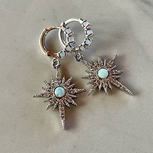 rhodium silver opal huggies, huggie earrings, silver opal earrings, opal starburst earrings, gift, gift for her, jewelry, holiday, opal