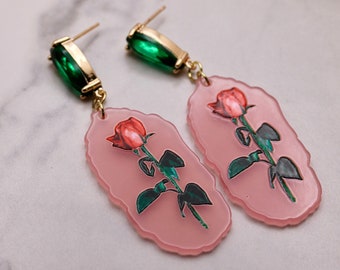 rose acrylic statement earrings, stained glass earrings, emerald glass earrings, gift, gift for her, spring jewelry, holiday, beauty beast