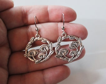 mushroom earrings, silver dangle earrings, silver mushroom jewelry, earrings under 20, hypoallergenic, gift, gift for her, holiday, silver