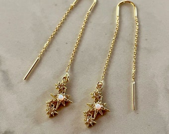 gold threader earrings, gold star burst earrings, threader earrings, gift, gift for her, statement earrings, statement jewelry, opal star