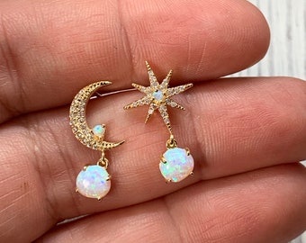 moon and star earrings, opal earrings, dangle earrings, delicate jewelry, gold earrings, gold jewelry, opal, opal star, opal moon, celestial