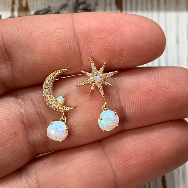 moon and star earrings, opal earrings, dangle earrings, delicate jewelry, gold earrings, gold jewelry, opal, opal star, opal moon, celestial