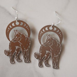 silver wolf earrings, wolf earrings, earrings under 20, gift, gift for her, dangle earring, summer jewelry, wolf moon, crescent moon earring