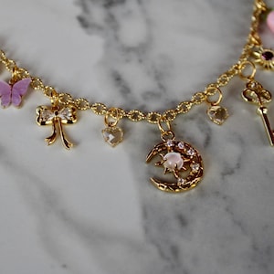 moon charm necklace, gold charm necklace, pink charm necklace, flower, butterfly, bee, gold necklace, gift, gift for her, pink charms
