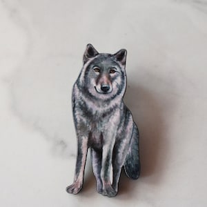 wolf pin, wolf brooch, wolf jewelry, gift, gift for her, gift under 10, pin, brooch, wood jewelry, woodland, animal, holiday, grey wolf