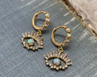evil eye opal huggie earrings, huggy, gift for her, sterling silver, opal hoops, holiday, summer jewelry, opal birthstone, october, mom