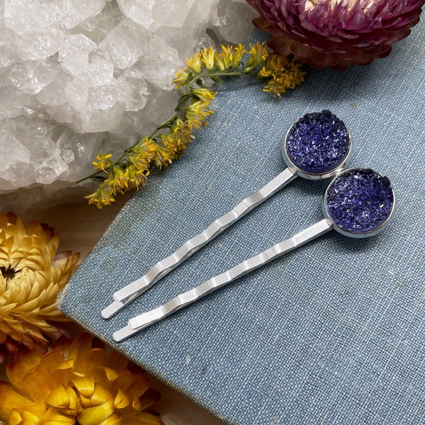 purple druzy bobby pin, silver bobby pins, silver hair clip, hair clips, bobby pins, jewelry, stocking stuffer, gift, baby blue, purple clip