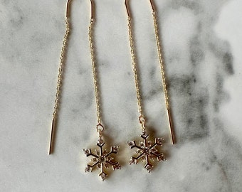 snowflake earrings, gold snowflake earrings, gold threaders, threader earrings, jewelry, gift, gift for her, christmas, earrings under 30