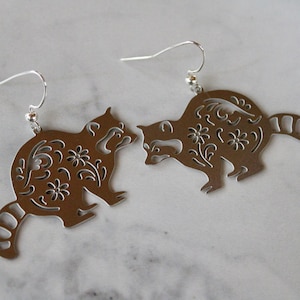 floral raccoon earrings, silver raccoon earrings, earrings under 20, gift, gift for her, dangle earring, summer jewelry, raccoon lover