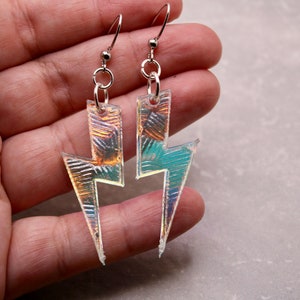 lightning bolt earrings, statement lightning bolt earrings, gift, gift for her, large earrings, jewelry, holiday, silver earrings, acrylic