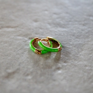 lime green enamel huggie earrings, tiny gold hoops, hoop earrings, jewelry, gift, gift for her, summer jewelry, holiday, statement earrings