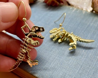 dinosaur earring, trex earrings, gold dino earrings, dino jewelry, dino earrings, gift, gift for her, jewelry, tyrannosaurus rex, gold