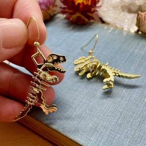 dinosaur earring, trex earrings, gold dino earrings, dino jewelry, dino earrings, gift, gift for her, jewelry, tyrannosaurus rex, gold
