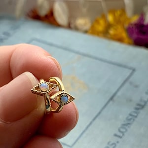 opal evil eye huggie earrings, gold huggie earrings, tiny hoops, evil eye jewelry, opal, gift, small gold earring, holiday, gift for her