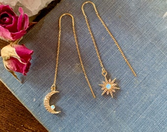 moon and star threader earrings, opal threaders, gold earrings, gift for her, delicate chain earrings, threader earrings, mothers day