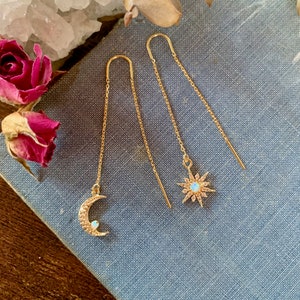 moon and star threader earrings, opal threaders, gold earrings, gift for her, delicate chain earrings, threader earrings, mothers day image 1