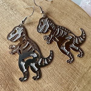 dinosaur earrings, silver dinosaur earrings, trex earrings, dangle earrings, jewelry, gift, gift for her, holiday, silver dinosaurs