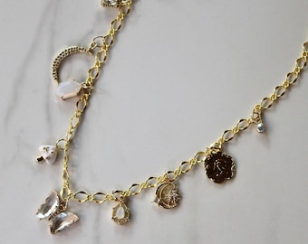 gold charm necklace, crescent moon necklace, gift for her, charm necklace, charm jewelry, gold necklace, necklace for her, mushroom, coin