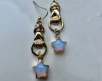 fistful of stars, opalite earrings, star earrings, earrings, jewelry, statement earrings, gold earrings, gift, gift for her, dangle earrings