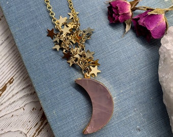 rose quartz crescent moon necklace // moon and stars // gold necklace // gift // gift for her // holiday