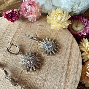 silver star burst earrings, dangle earrings, silver jewelry, bridal earrings, wedding jewelry, boho bride, gift, gift for her, holiday