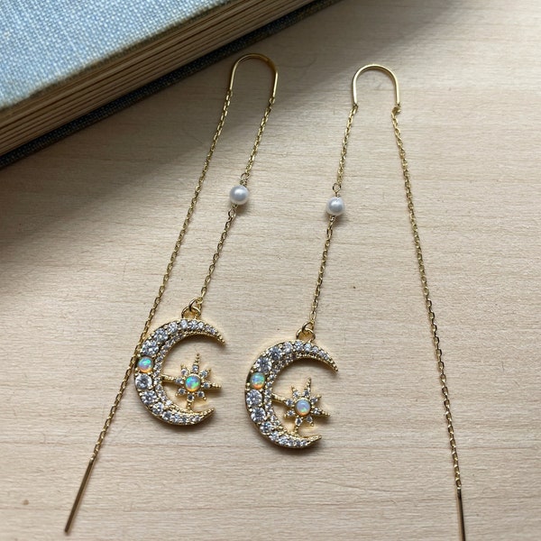 crescent moon and opal threader earrings, moon earrings, gold earrings, gift for her, delicate chain earrings, threader earring, mothers day