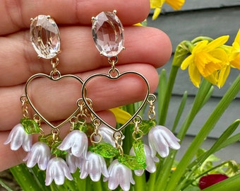 lily of the valley, flower earrings, dangle earrings, gold earrings, heart earrings, gift, gift for her, lily of the valley earrings, spring