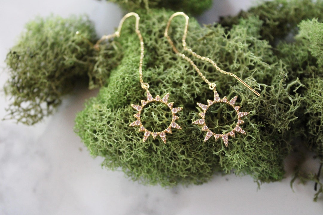 Sun Earrings, Gold Sun Earrings, Gold Threader Earring, Gift, Gift for ...