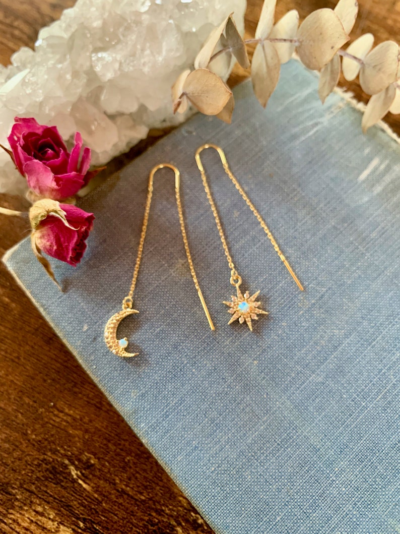 moon and star threader earrings, opal threaders, gold earrings, gift for her, delicate chain earrings, threader earrings, mothers day image 3