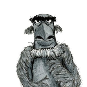 May include: A black and white illustration of a furry, bird-like character with a serious expression. The character has a large beak and a thick layer of feathers around its neck.