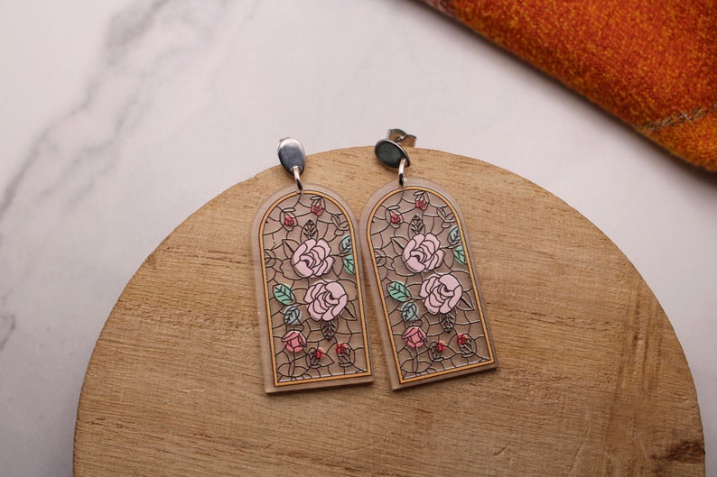 rose acrylic statement earrings, stained glass earrings, large dangle earrings, gift, gift for her, spring jewelry, holiday, beauty beast image 1