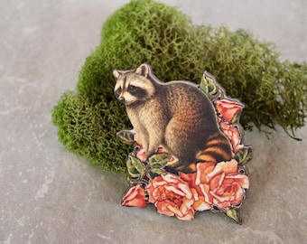 raccoon pin, wooden pin, raccoon pin, brooch, jewelry gift, animal jewelry, woodland animal pin, brooch under 10, raccoon, christmas