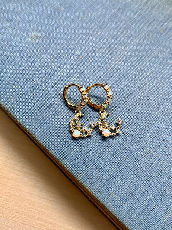 opal huggies, crescent moon opal earrings, gift, gift for her, jewelry, earrings under 50, gold hoop earrings, small hoops, opal, valentines