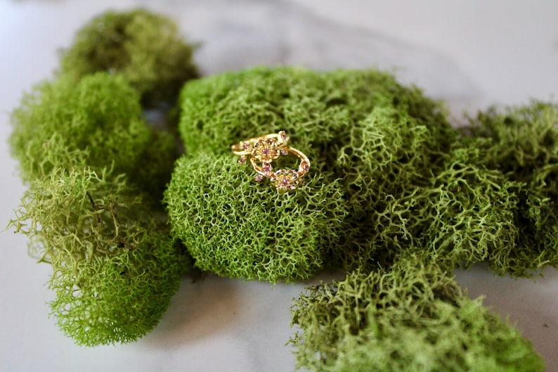 May include: Two gold rings with pink flower accents on a bed of green moss.
