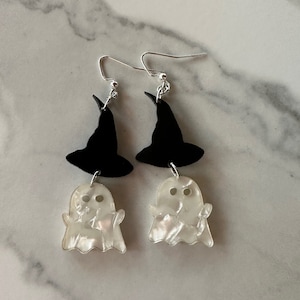 Pendientes de sombrero de bruja y fantasma, pendientes negros, Halloween, joyas de Halloween, pendientes de Halloween, pendientes de bruja, pendientes de murciélago, regalo para ella