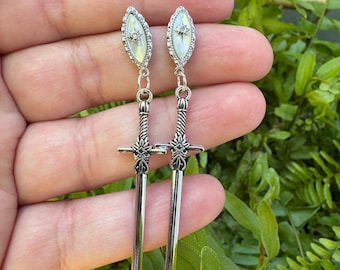 sword earrings, silver sword earrings, mother of pearl, sterling silvers, jewelry, earrings, gift for her, earrings under 40