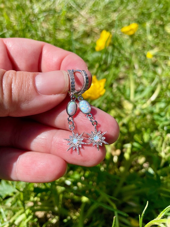 Silver Opal Huggies, Opal Star, Dangle Earrings, Earrings, Gift