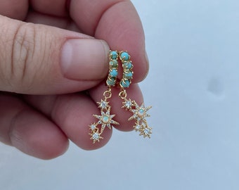 turquoise opal star huggie earrings, gold huggie earrings, star burst earrings, gold earrings, celestial, gift, gift for her, jewelry
