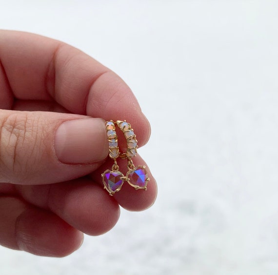 iridescent heart earrings, gold earrings, opal, opal earrings, gift, gift for her, earrings under 50, for mom, for sister, for girlfriend
