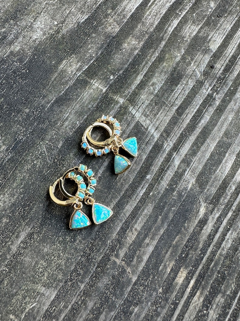May include: A pair of gold hoop earrings with a circle of small blue opal stones and a dangling triangle-shaped blue opal stone.