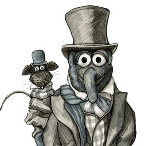 Może przedstawiać: Czarno-biała ilustracja postaci Muppety w cylindrze i szaliku, trzymającej małego szczura w cylindrze i szaliku.