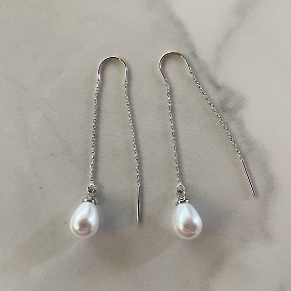 pearl silver threader earrings, pearl earring, silver earrings, threader earrings, gift, gift for her, statement earrings, statement jewelry