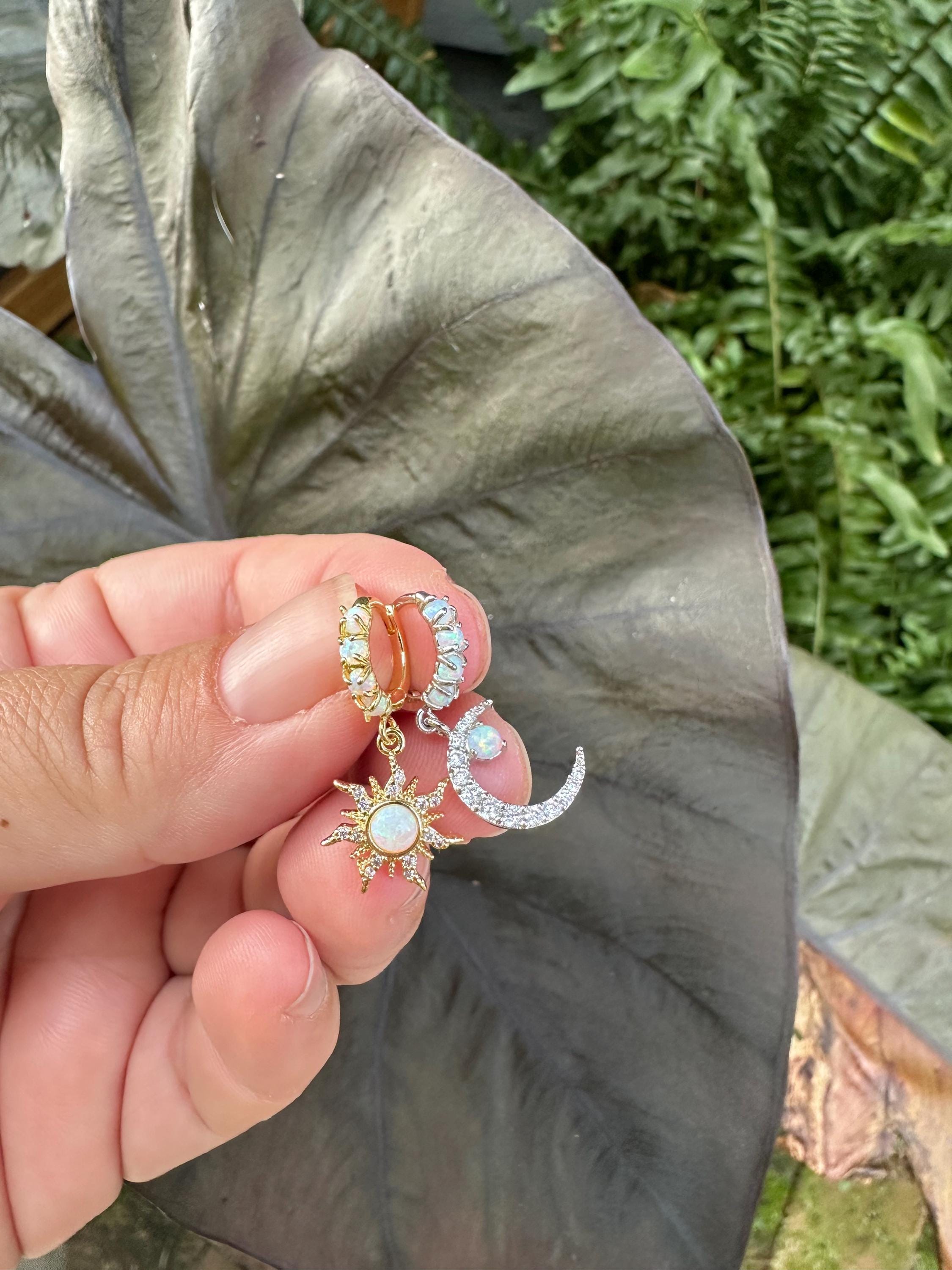 Sun and Moon Opal Huggie Earrings, Silver Gold Earrings