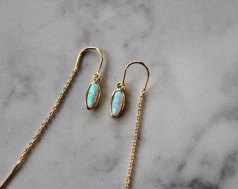 opal dangle earrings, minimalist opal earrings, jewelry, gift, gift for her, gold earrings, hypoallergenic, threader earrings, chain earring