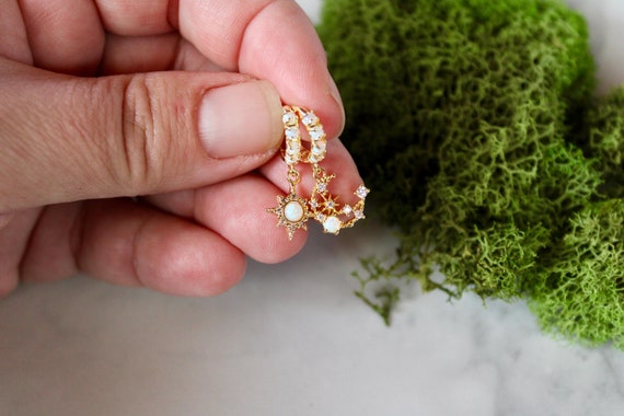 opal moon and star earrings, gold earrings, celestial, small hoops, gold huggies, opal earrings, opal jewelry, opal huggie, opal birthstone